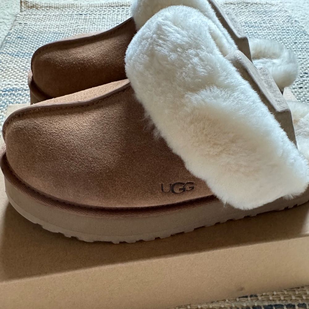 UGG Tan and Cream Shearling Mules Size 8